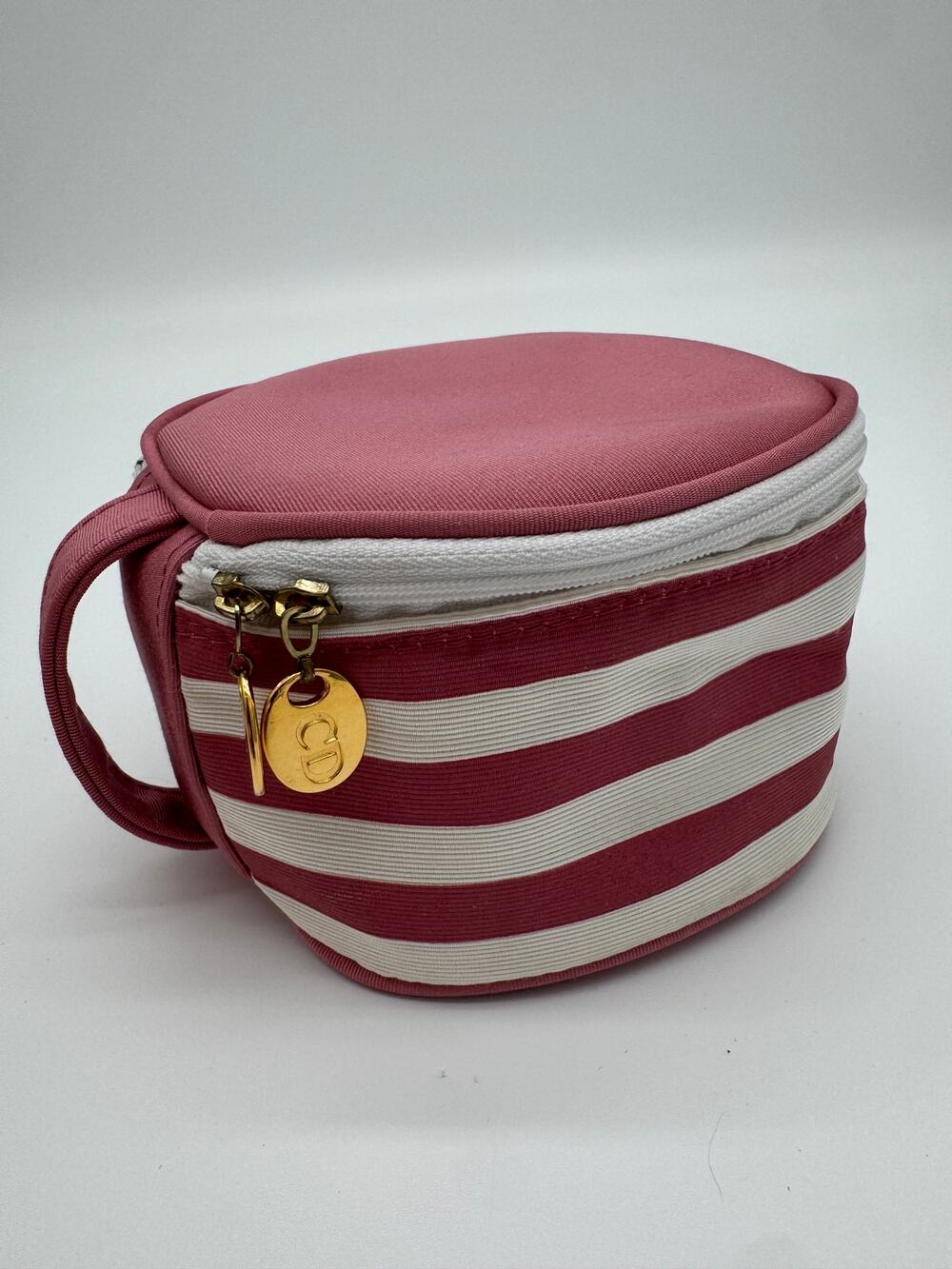 Vintage Dior Beauty Pink White Striped Round Vanity Cosmetic Train Case